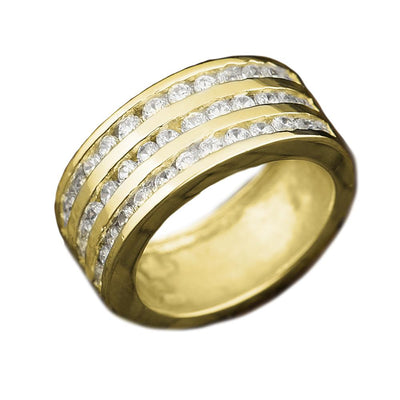 Galaxy Ring Gold featuring sterling silver construction with gold plating and three rows of sparkling diamonds, designed as a unisex jewelry ring.