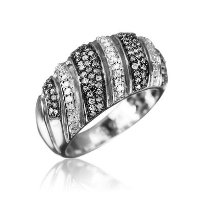 Geneva Diamond Ring for females crafted in sterling silver with a two-tone plating, featuring alternating rows of black and white diamonds in an elegant design.