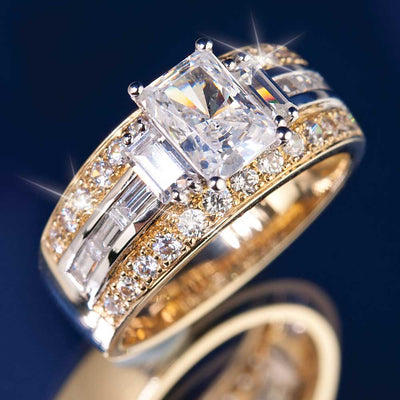 Iona Baguette Ring featuring a large rectangular central gemstone, accented with smaller round and baguette-cut stones in a two-tone sterling silver setting, designed for women.