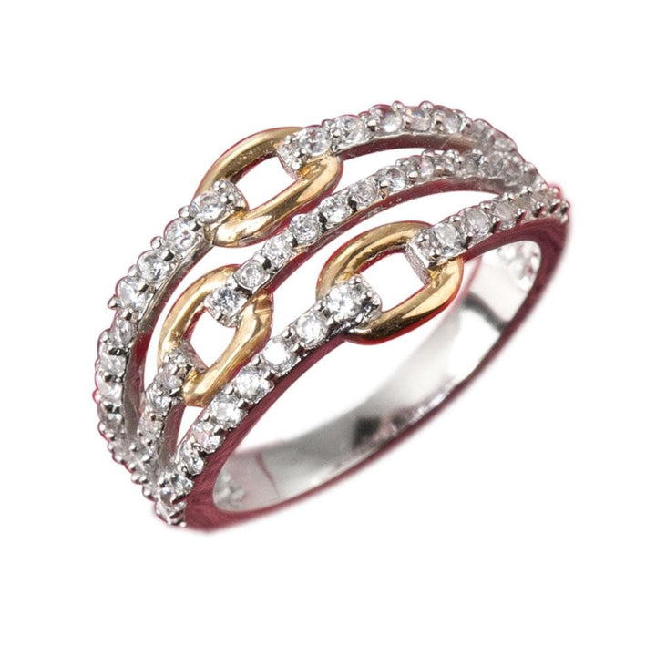 Journey of Life Ring crafted in sterling silver with gold plating, featuring intertwined chain links accented by sparkling clear stones, designed for women.