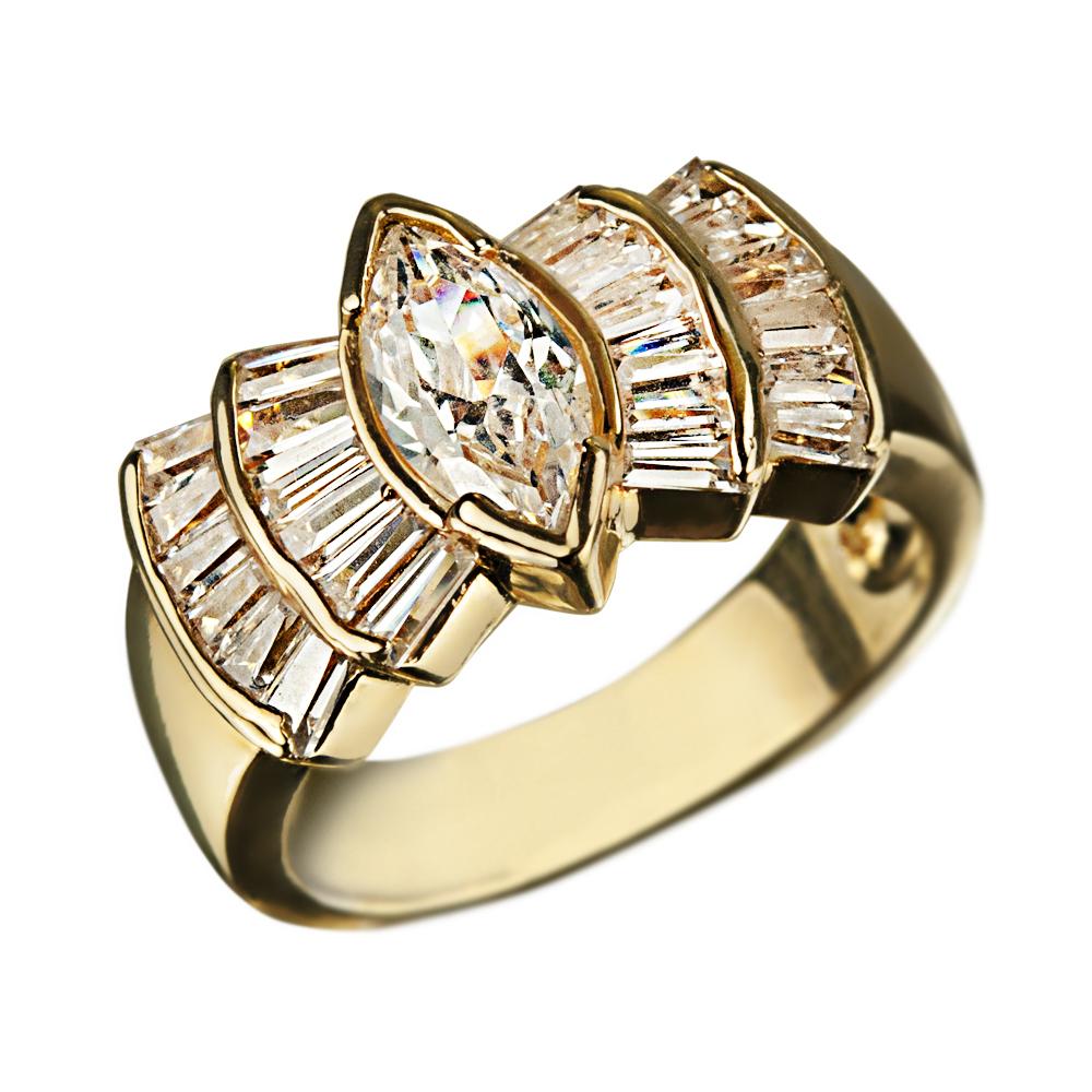 Deco Fan Ring crafted in sterling silver with gold plating, featuring a central marquise-cut clear stone surrounded by fan-shaped baguette crystals, designed for women.