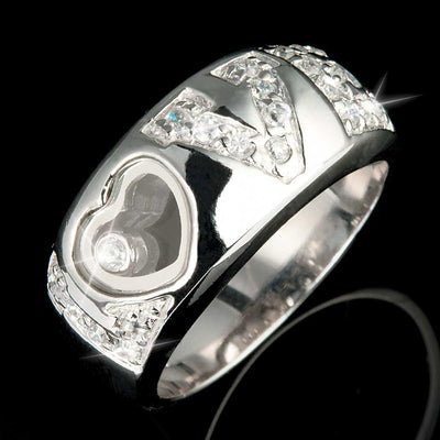 Sterling Silver Love Ring for female with rhodium plating, featuring a heart-shaped design and sparkling stones, elegant jewelry perfect for special occasions.