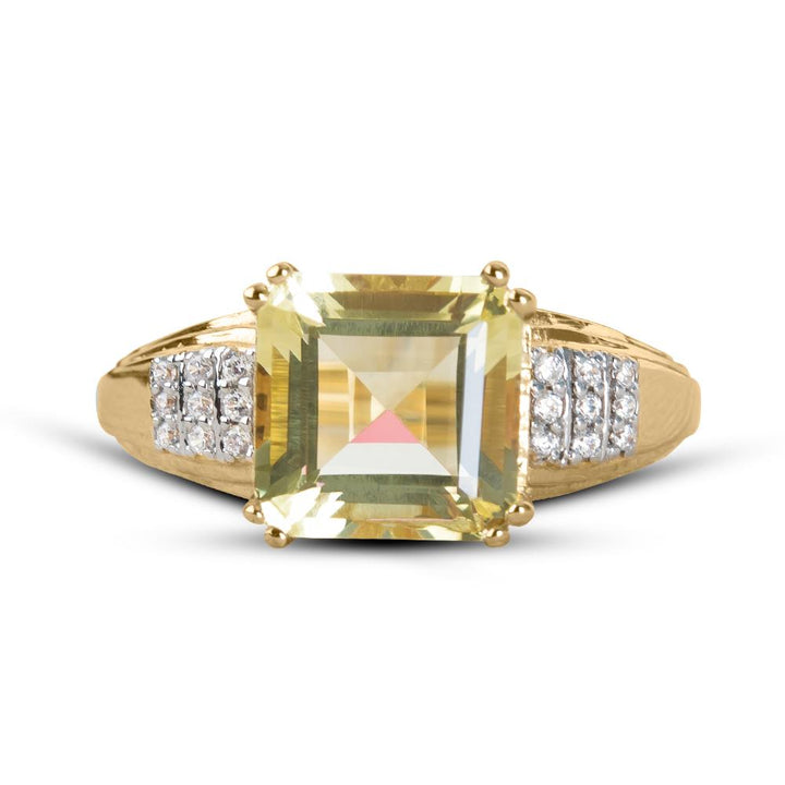 Lemon Quartz Solitaire Ring featuring a square-cut lemon quartz gemstone set in gold-plated sterling silver, accented with sparkling clear stones on the band for women’s jewelry.