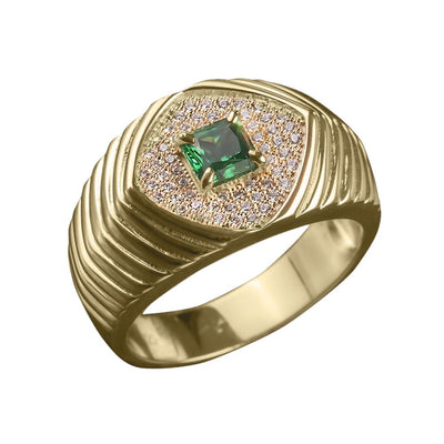 Skorpios Ring in sterling silver with gold plating, featuring a square green gemstone centerpiece surrounded by small clear stones, designed for men’s jewelry.