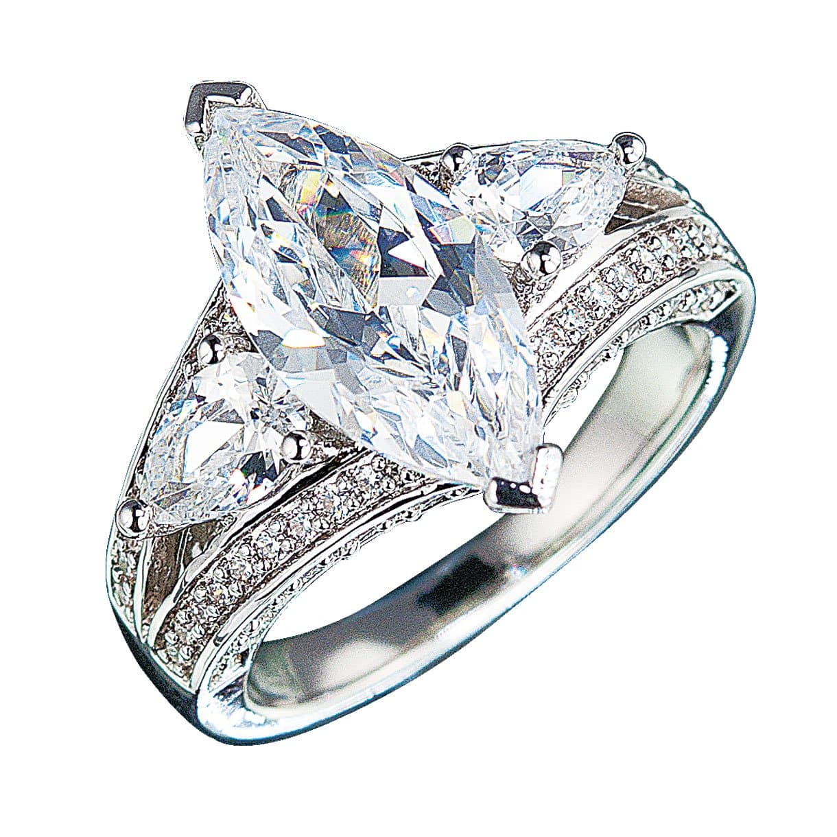 Millionaire Marquise Ring featuring a sterling silver band with rhodium plating, adorned with a large marquise-cut center stone and sparkling side accents, designed for women.
