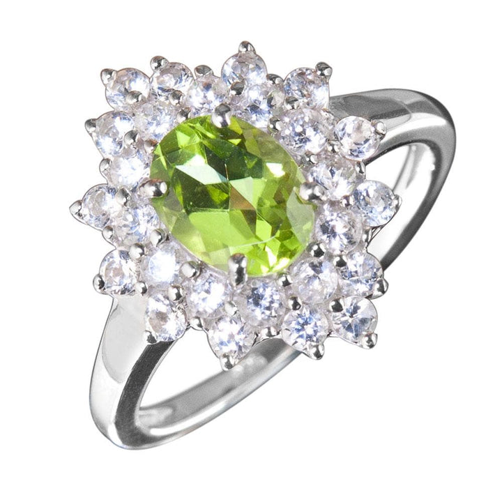 Peridot Cluster Ring featuring a sterling silver band with rhodium plating, showcasing a vibrant green peridot center stone surrounded by clear sparkling accents, designed for women.