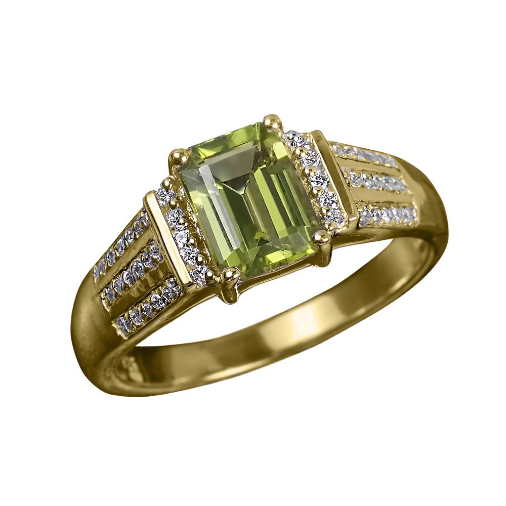 Augustine Peridot Ring featuring a gold-plated sterling silver band with a rectangular green peridot center stone accented by rows of small sparkling clear stones, designed for men.