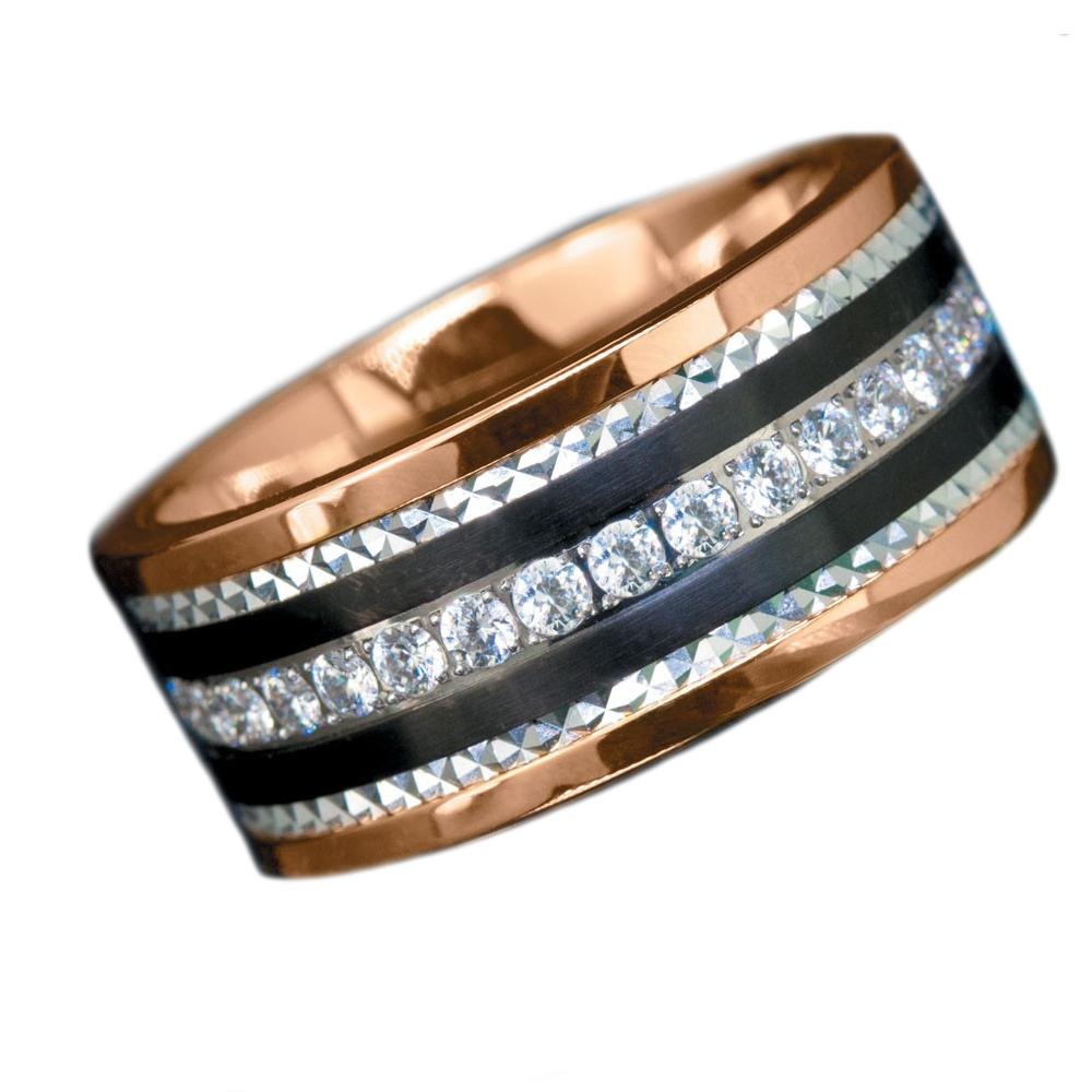 Phantom Rose Gold Ring featuring a two-tone stainless steel band with black accents and a row of sparkling clear stones, designed for men’s jewelry.