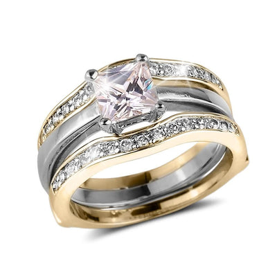 Princess Duo Ring featuring a sterling silver band with gold plating, adorned with a square-cut central gemstone and sparkling accent stones, designed for women.