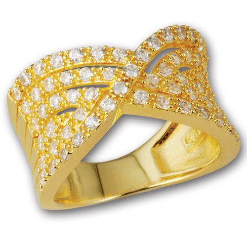 Paris Ring Gold featuring sterling silver with gold plating, adorned with sparkling clear stones in an elegant, intricate design for women’s jewelry collection.