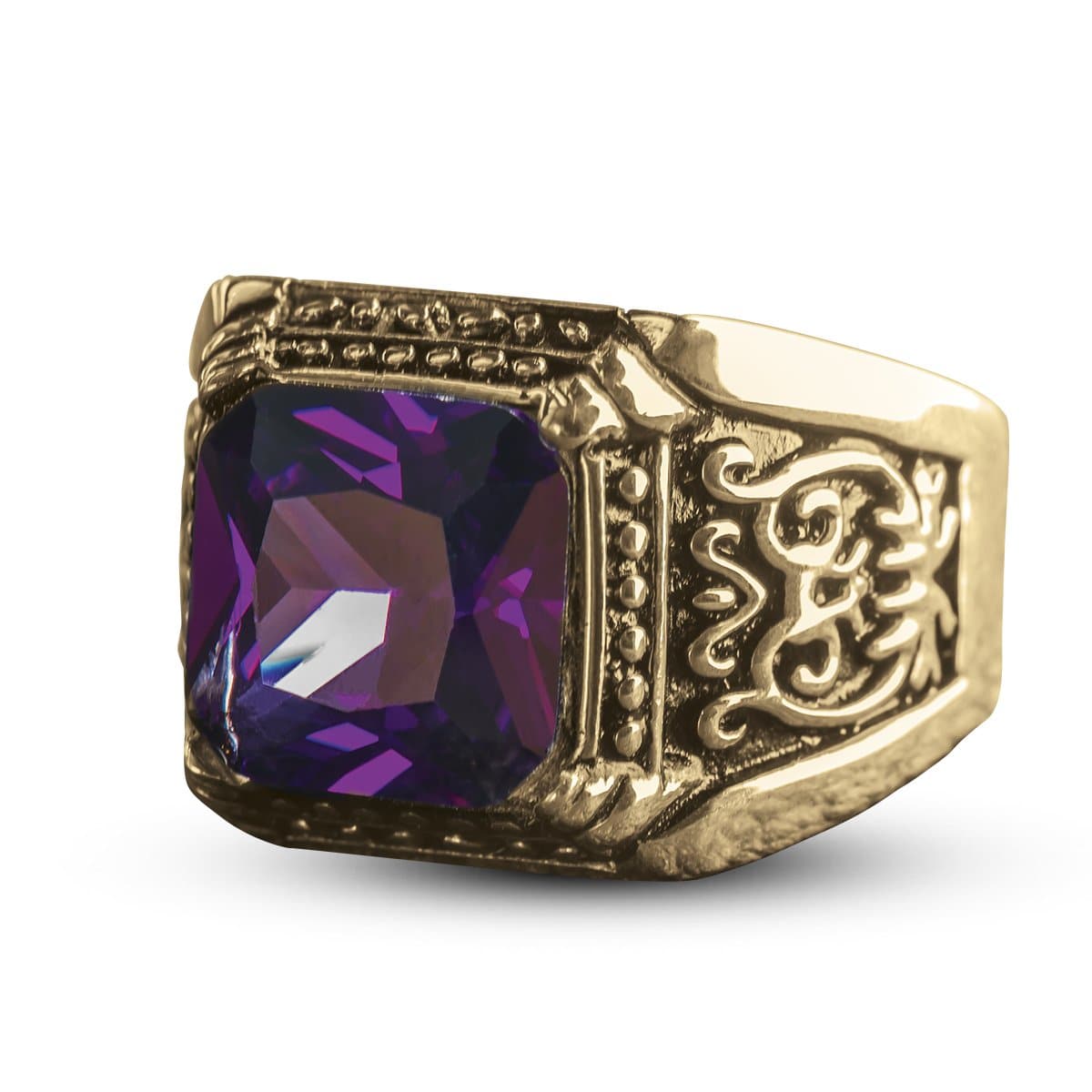 Augustus Purple Ring featuring a gold-plated stainless steel band with ornate detailing and a large square purple gemstone, designed for men’s jewelry collections.