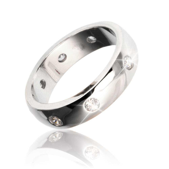 Puccini Ring Rhodium crafted in sterling silver with rhodium plating, featuring a sleek unisex design and embedded sparkling stones for elegant jewelry style.
