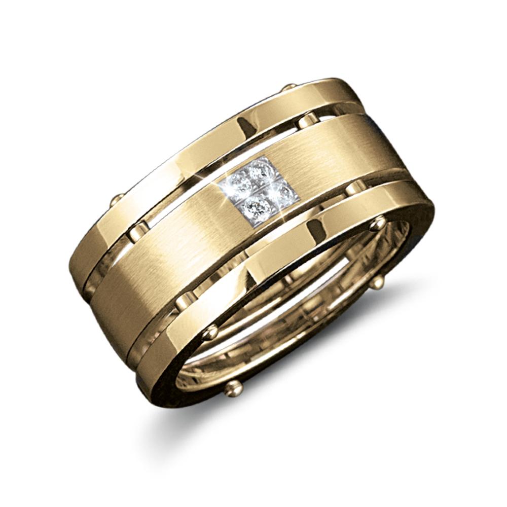 Quattro Ring Gold featuring a stainless steel band with gold plating, designed for men, accented with a square cluster of four sparkling diamonds in the center.