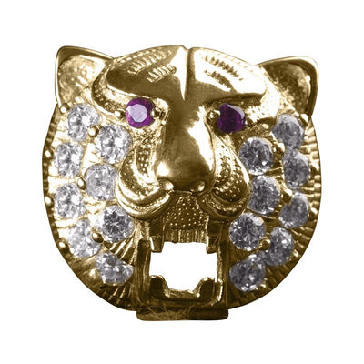 Leon Ring featuring a gold-plated sterling silver lion head design with sparkling clear stones and purple gemstone eyes, crafted for men’s jewelry collections.