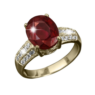 Scarlet Vermilion Ring featuring a large oval red gemstone set in sterling silver with rose gold plating, accented by small sparkling white stones on the band, designed for women.
