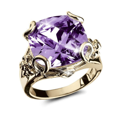 Golden Fascination Ring featuring a large purple gemstone set in a sterling silver band with gold plating, designed for females, showcasing elegant jewelry craftsmanship.