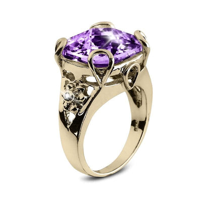 Golden Fascination Ring featuring a large square purple gemstone set in gold-plated sterling silver with delicate floral detailing, designed for women’s jewelry collections.