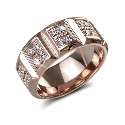 Luxor Men's Ring crafted from sterling silver with rose gold plating, featuring a bold design accented by sparkling gemstones on a wide band.
