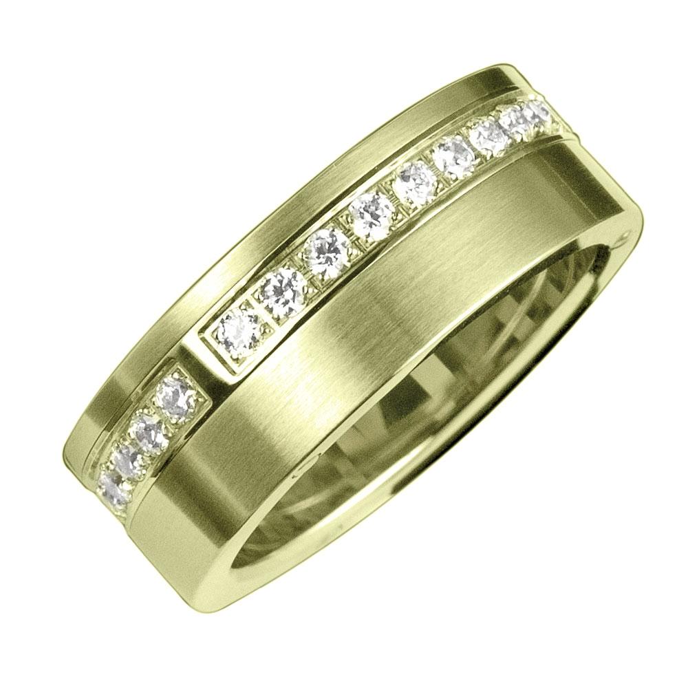 Men's Sentinel Gold Ring crafted from gold-plated stainless steel featuring a row of clear sparkling stones, designed as a sophisticated piece of men's jewelry.