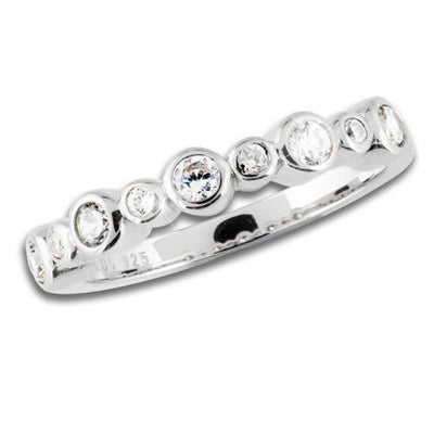 Sterling silver women's ring featuring a row of graduated round clear stones, designed as the Manhattan Stacker D for elegant jewelry collections.