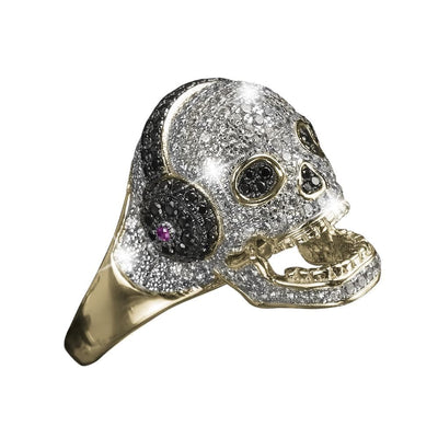DJ Skull Gold Ring featuring a sterling silver skull design with gold plating and sparkling stones, a bold and stylish jewelry piece for women.