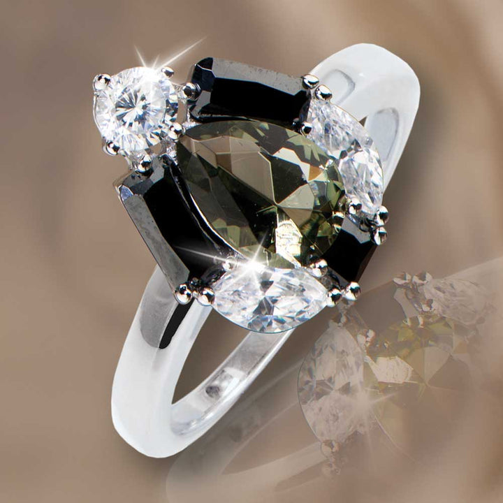 Smokey Pear Ring featuring a pear-shaped smokey gemstone set in sterling silver with rhodium plating, surrounded by clear sparkling stones, designed for female jewelry lovers.
