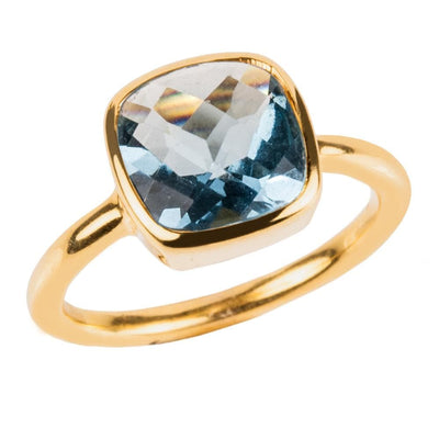 Dream Gems Ring Blue Topaz featuring a sparkling blue topaz gemstone set in a gold plated sterling silver band, designed for women seeking elegant jewelry.