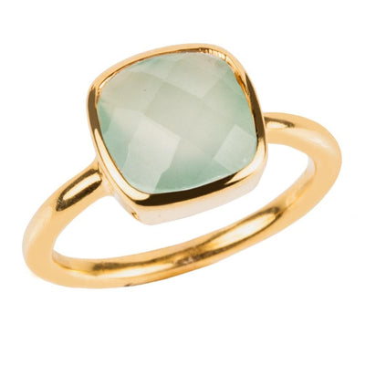 Dream Gems Ring Green Quartz featuring a gold-plated stainless steel band with a cushion-cut green quartz stone, designed for elegant female jewelry collections.