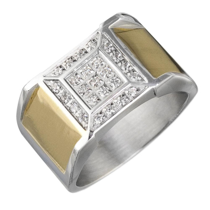 Atlantic Two-Tone Ring for men featuring a stainless steel band with two-tone plating and a square cluster of clear gemstones in the center, offering a bold and elegant jewelry design.