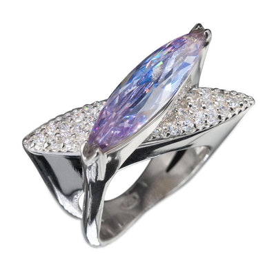 Blue Sculpture Ring featuring a large marquise-cut blue gemstone set in sterling silver with rhodium plating and accented with small sparkling stones, designed for women.