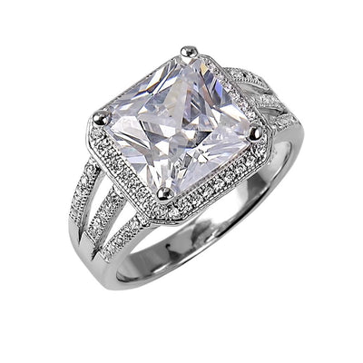 Manhattan Ring featuring a sterling silver band with rhodium plating, designed for women, showcasing a large square-cut clear gemstone surrounded by smaller sparkling stones.