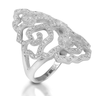 Desert Rose Rhodium Ring crafted in sterling silver with an intricate floral-inspired design, featuring rhodium plating for a lustrous finish, designed for women’s jewelry.