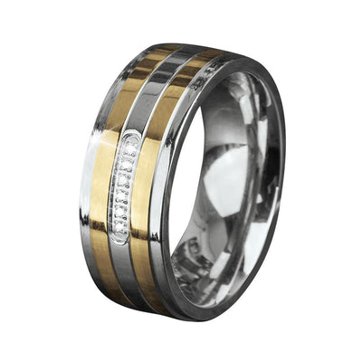 Mitre Two-Tone Ring featuring stainless steel material with alternating two-tone plating and a row of small embedded stones, designed for men’s jewelry collections.