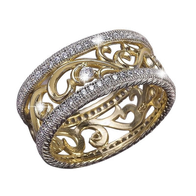 Rococo Garland Ring showcasing an intricate two-tone sterling silver design with ornate filigree and sparkling accents, crafted for women seeking elegant jewelry.
