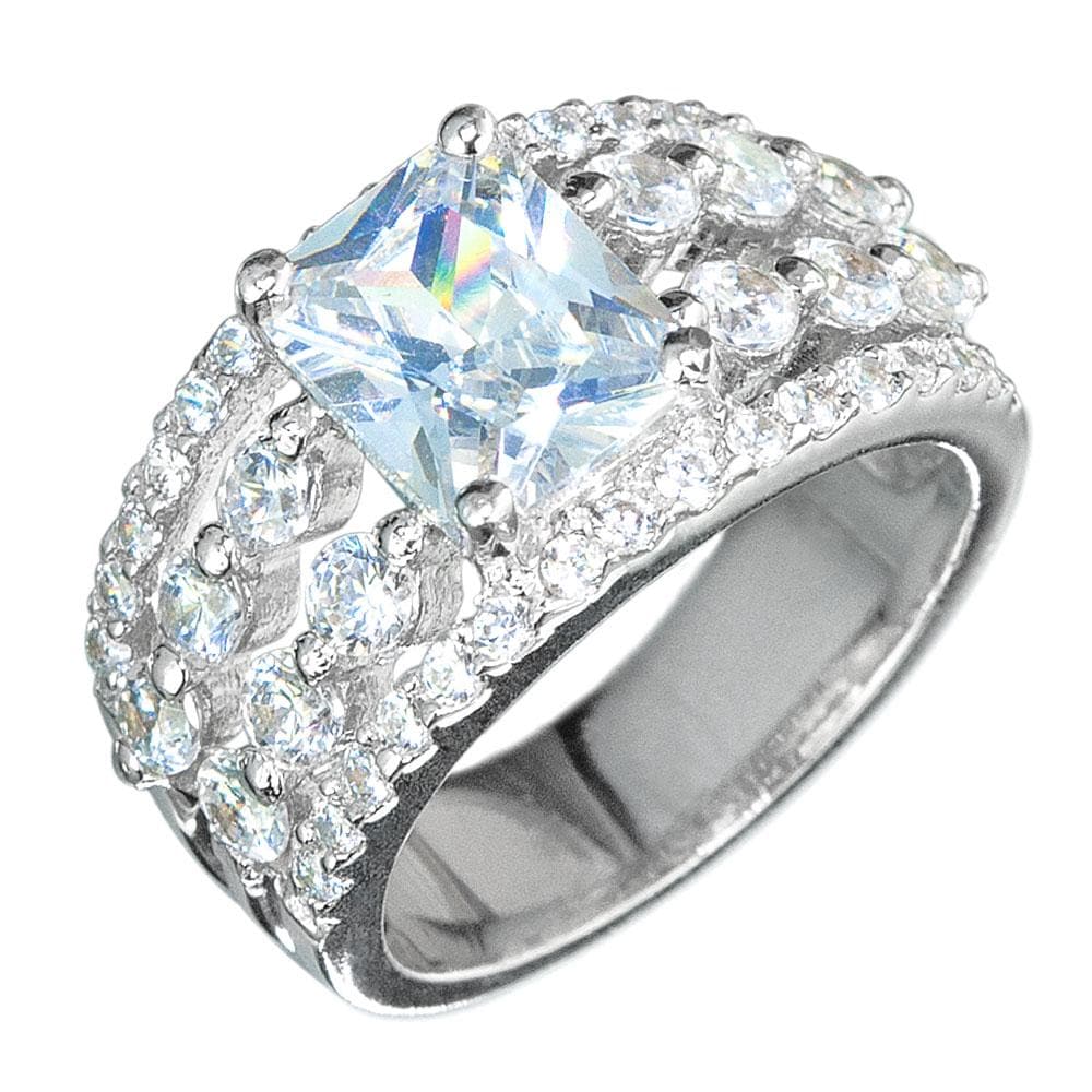 Radiant Ring featuring a sterling silver band with rhodium plating, adorned with multiple sparkling stones and a large central square-cut gem, designed for female jewelry lovers.