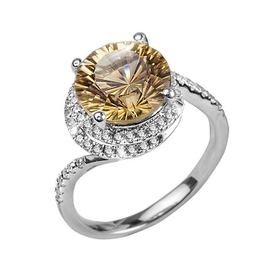 Citrine Firecracker Ring featuring a sparkling yellow citrine center stone set in sterling silver with rhodium plating and accented with small clear stones, designed for female jewelry lovers.