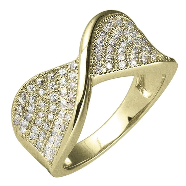 Pave Twist Gold Ring featuring a sterling silver base with gold plating and pave-set sparkling stones in a stylish twisted design for women’s jewelry.
