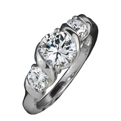 Sterling Silver Solitaire Twist Ring with Rhodium plating featuring a sparkling three-stone design set with brilliant round-cut stones for an elegant female jewelry piece.