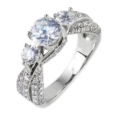 Climbing Rose Ring features a sterling silver band with rhodium plating, adorned with sparkling round-cut stones in a floral-inspired design for women’s jewelry.