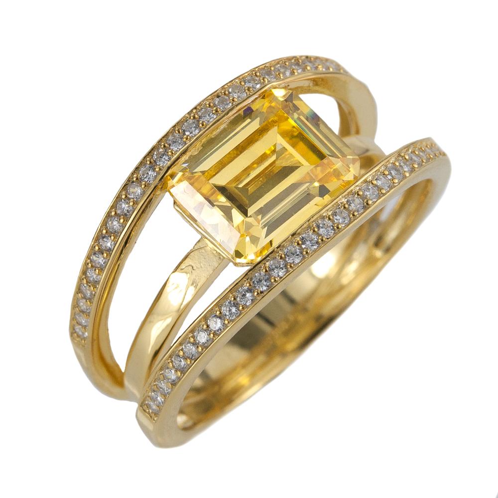 Canary Strata Ring featuring a gold plated sterling silver band with two rows of small sparkling stones and a large rectangular yellow gemstone centerpiece.