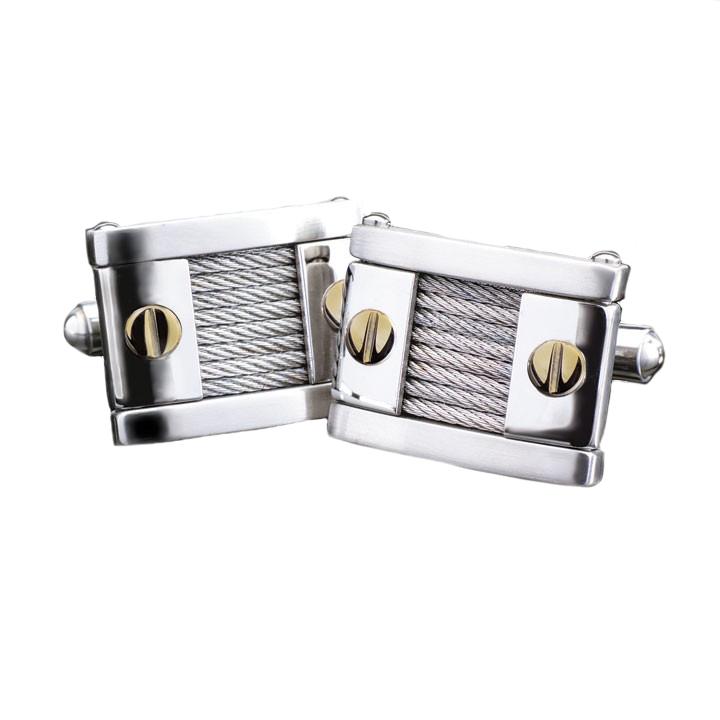 Rope Cufflinks featuring a two-tone stainless steel design with cable rope detailing and gold-tone accents, crafted for a refined male jewelry accessory.