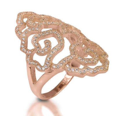Desert Rose Ring in sterling silver plated with rose gold, featuring an elegant openwork floral design accented with sparkling crystals, designed for women.